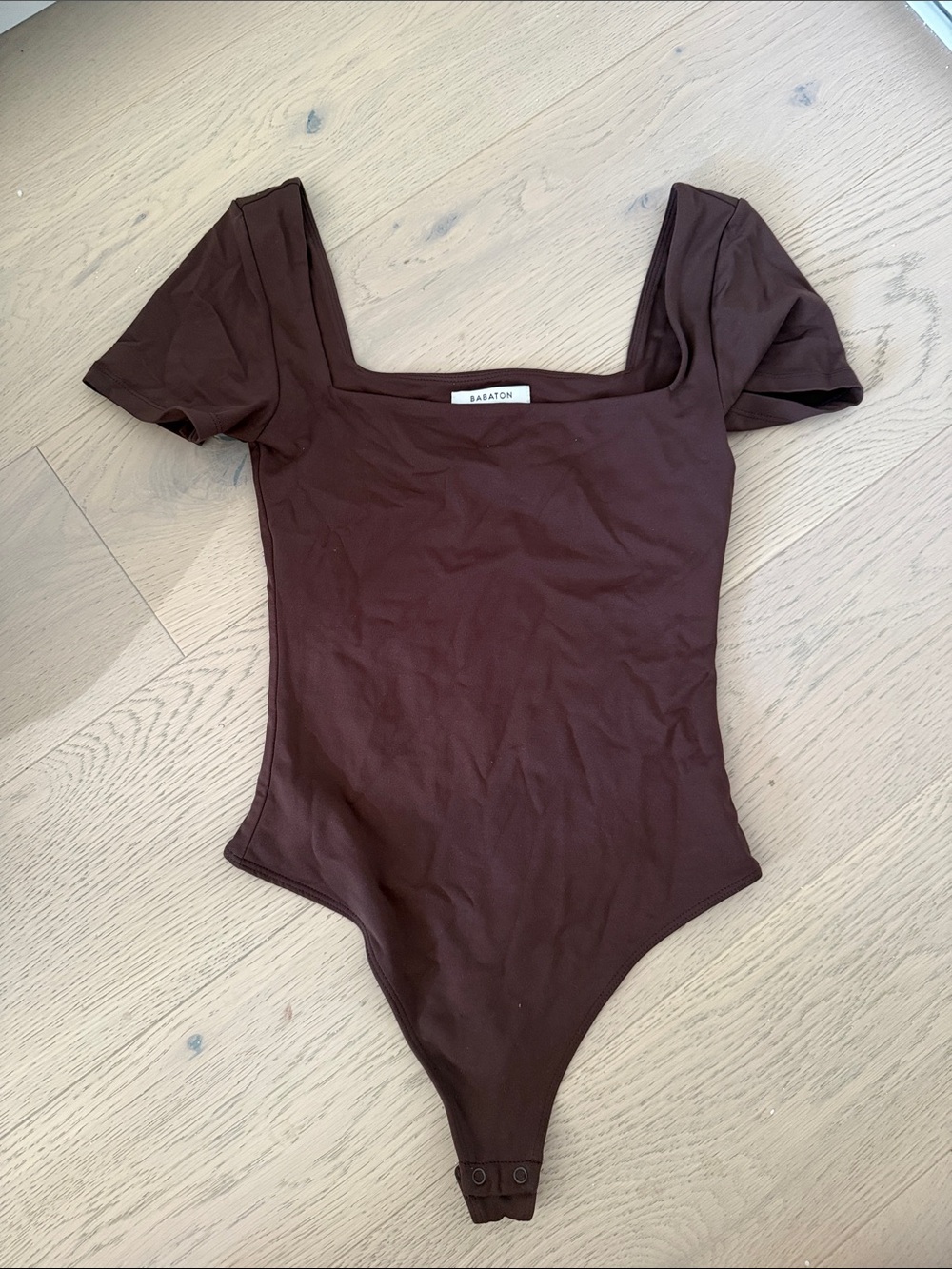 Babaton Brown Scoop Neck Short Sleeve One-Piece Bodysuit